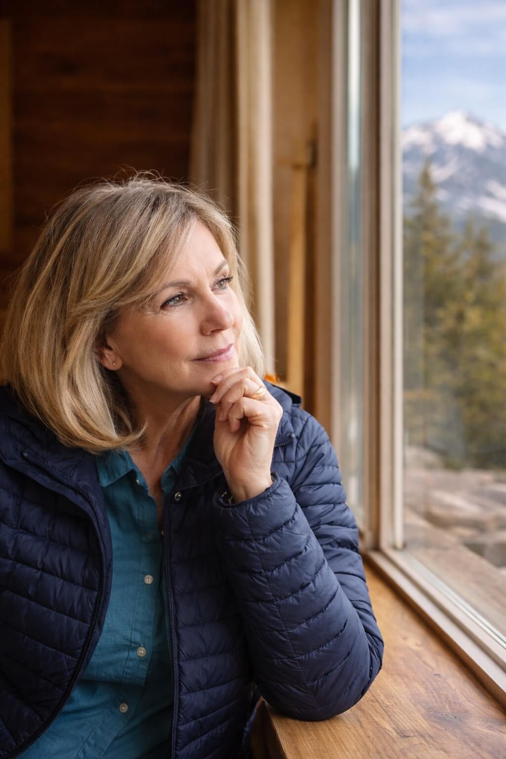 Picture of a woman thinking about Deschutes home watch and concierge services while looking outside with mountain in the background