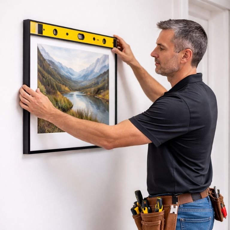 picture of a handyman installing a painting at DHW client's home