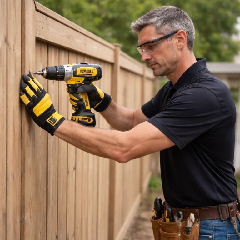 picture of a handyman drilling in a fence at DHW client's home
