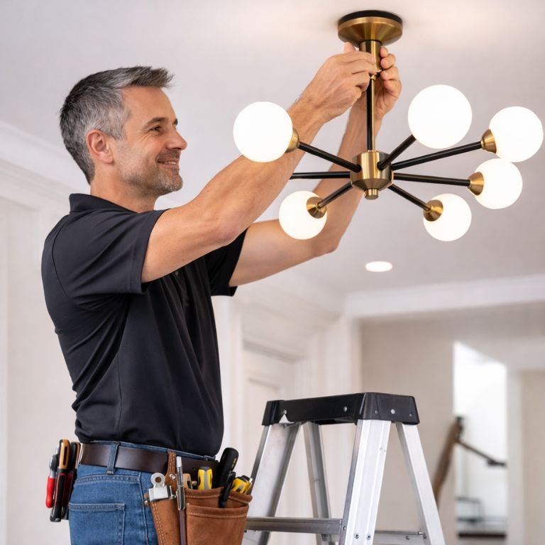 picture of a handyman installing a light fixture at DHW client's home