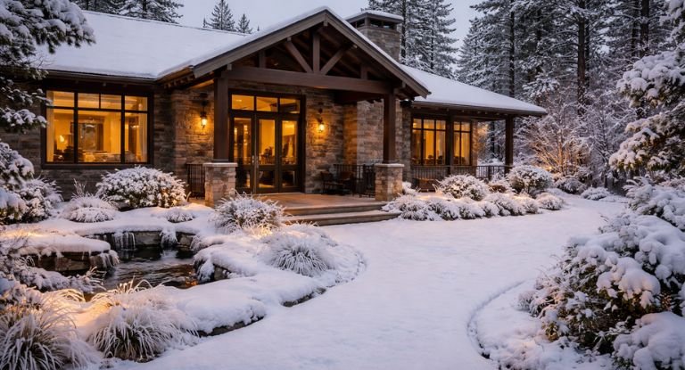 Picture of a beautiful Bend OR property during a snow storm