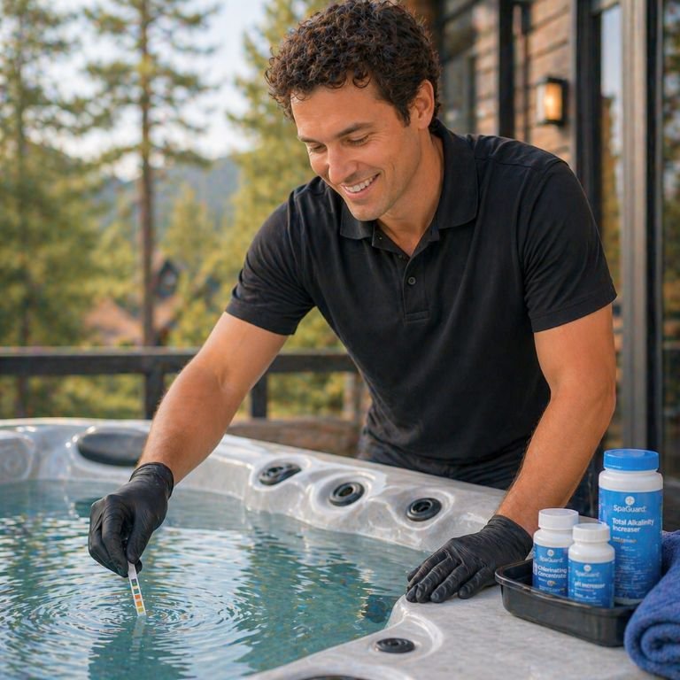 picture of a spa technician testing the hot tub water at DHW client's home